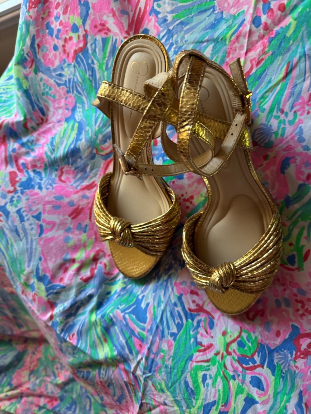 Jessica Simpson Metallic Gold Knotted Ankle-Strap Heels